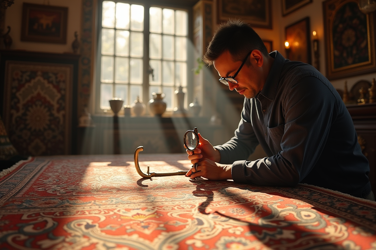 Expert en tapis examine un tapis persan ancien en boutique