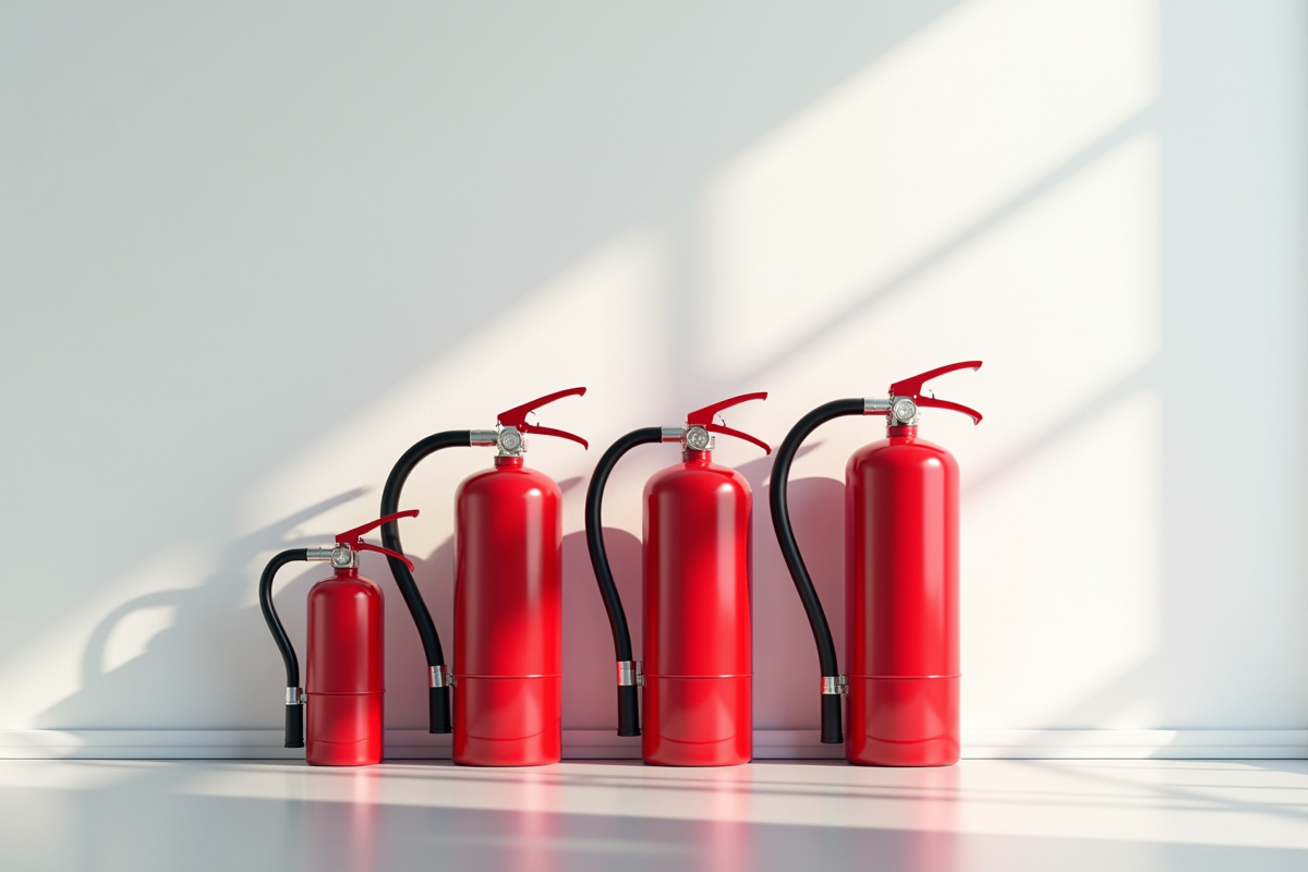 Quatre extincteurs rouges alignes dans un bureau moderne