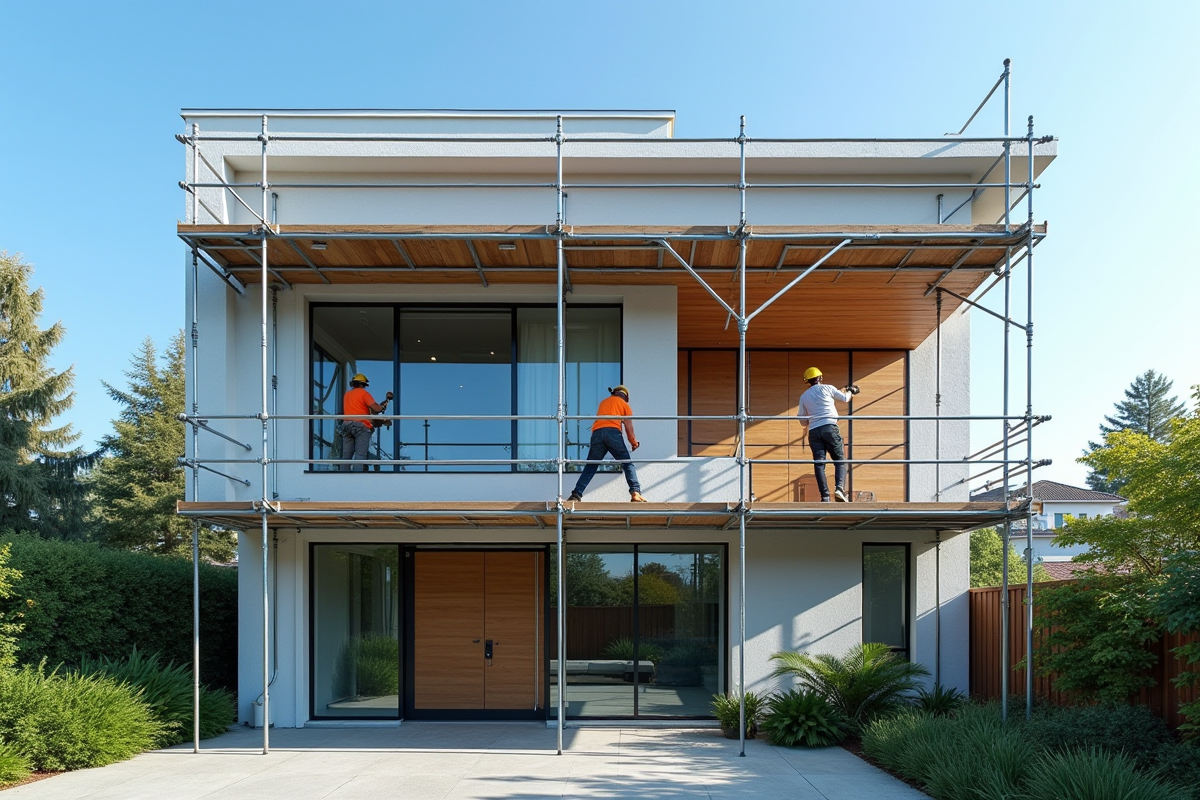 Façade d'une maison contemporaine en rénovation avec échafaudage