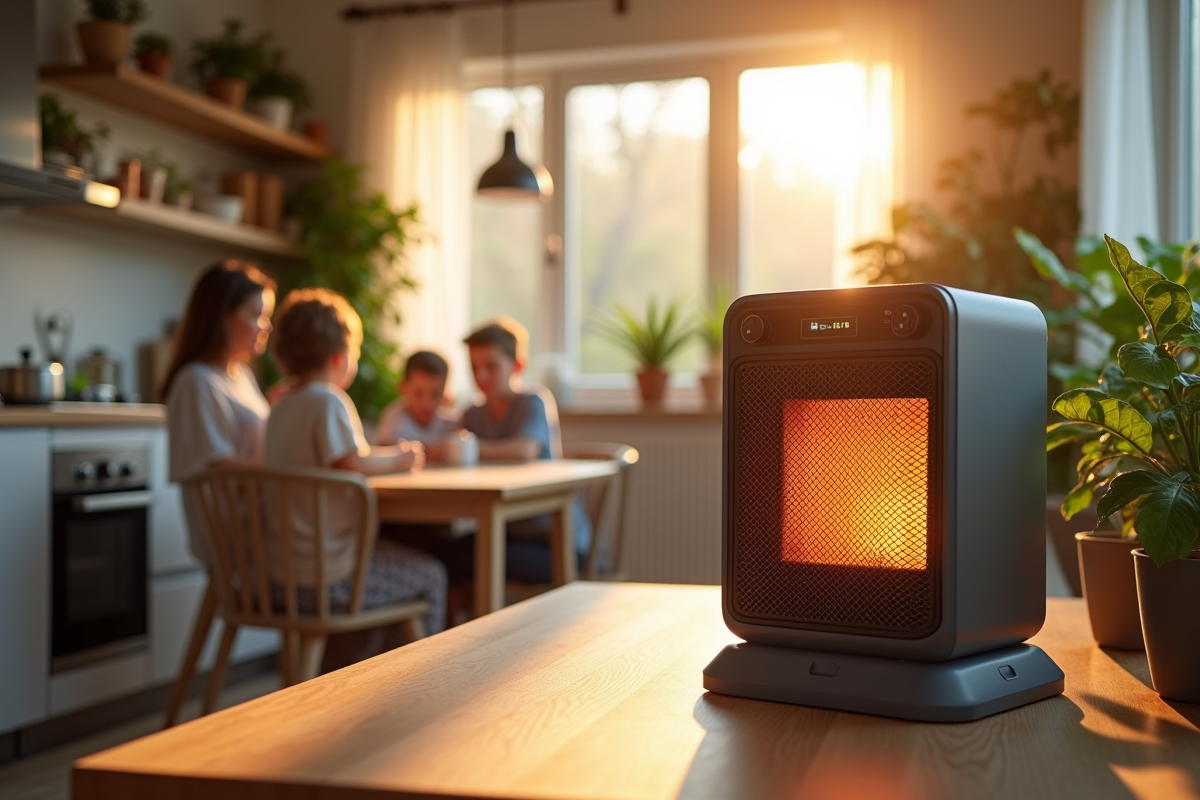 Famille dans cuisine avec chauffage portable et plantes