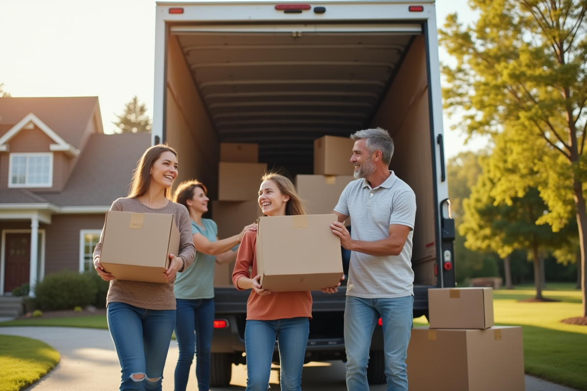 Famille chargeant des cartons dans un camion de déménagement ensoleillé