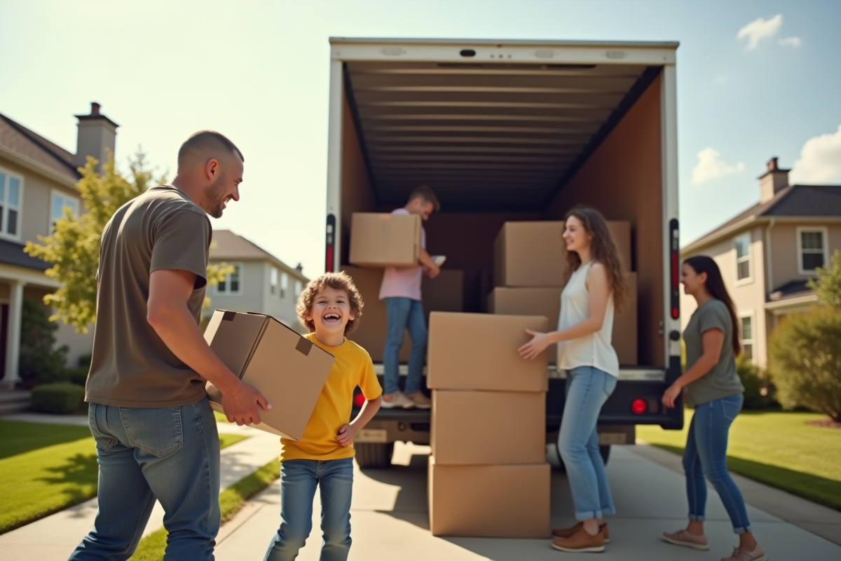 Famille souriante chargeant des cartons dans un camion de déménagement ensoleillé