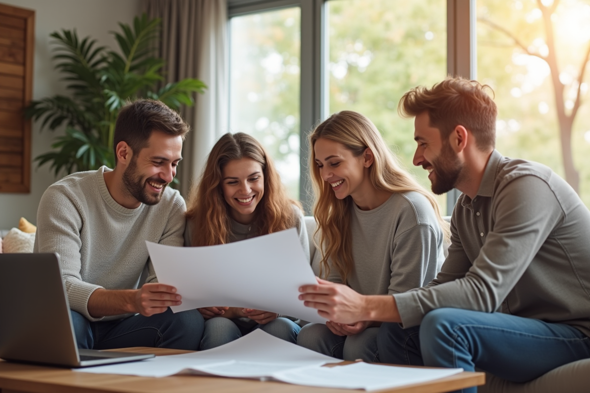 Famille heureuse avec conseiller en renovation dans un salon lumineux