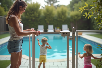 Famille souriante près de la barrière de piscine sécurisée