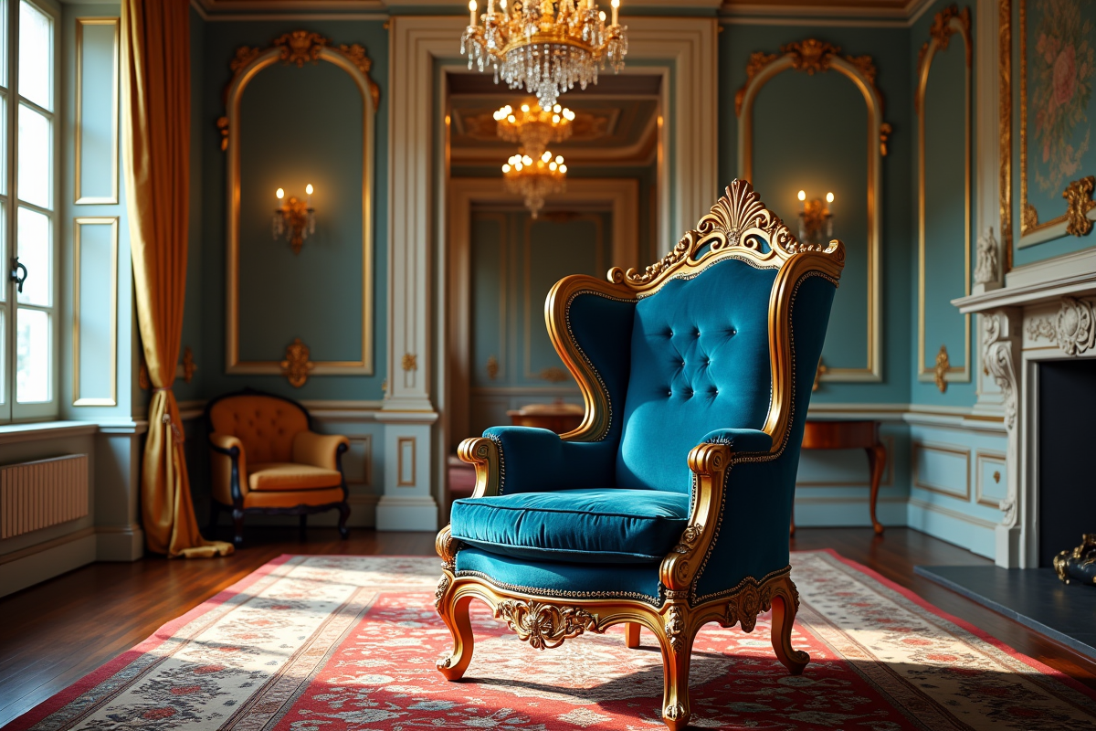 Fauteuil vintage en velours bleu avec dorures dans une salle élégante