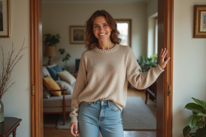 Femme souriante accueillant ses invités à la maison