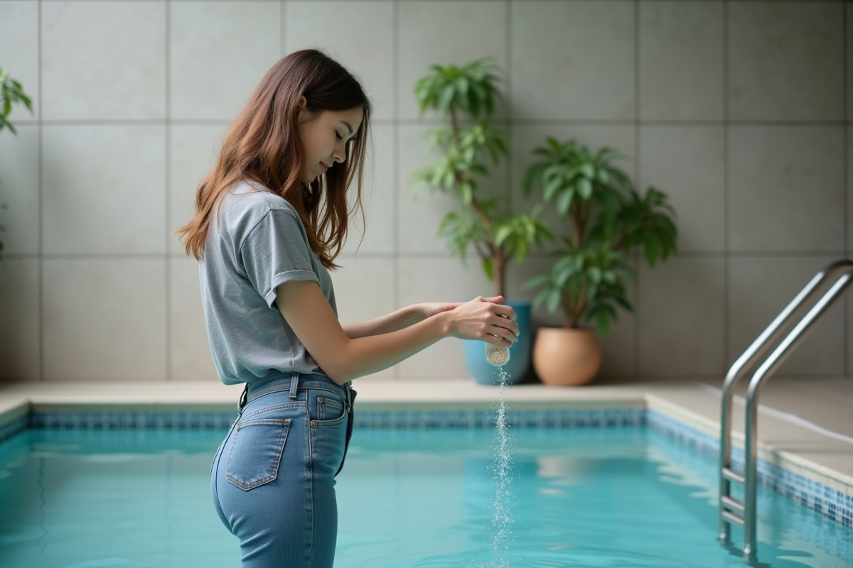 Femme versant un produit chimique dans une piscine intérieure