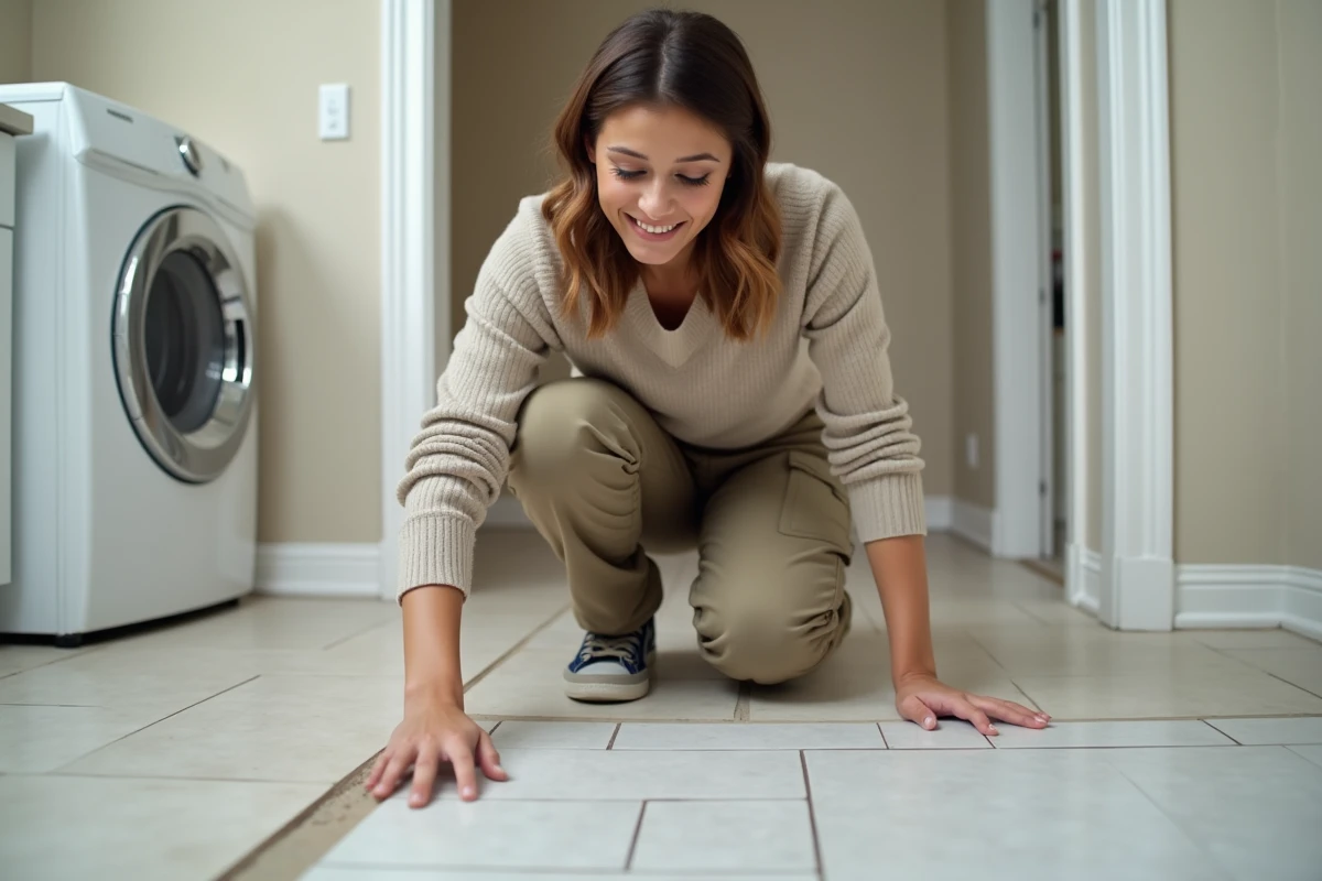 Jeune femme appliquant du joint entre les carreaux