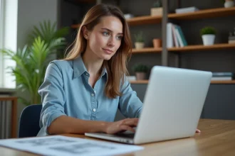 Femme d'affaires explorant un plan 3D de salle de bain sur son ordinateur