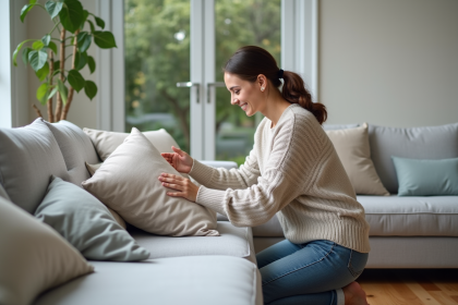 Femme arrangeant des coussins sur un canapé moderne