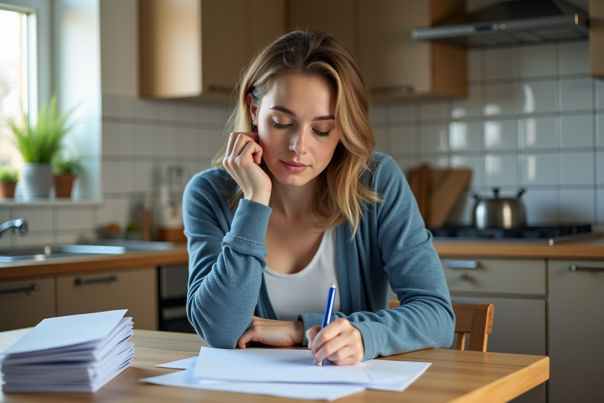 Femme remplissant formulaires de changement d'adresse dans une cuisine