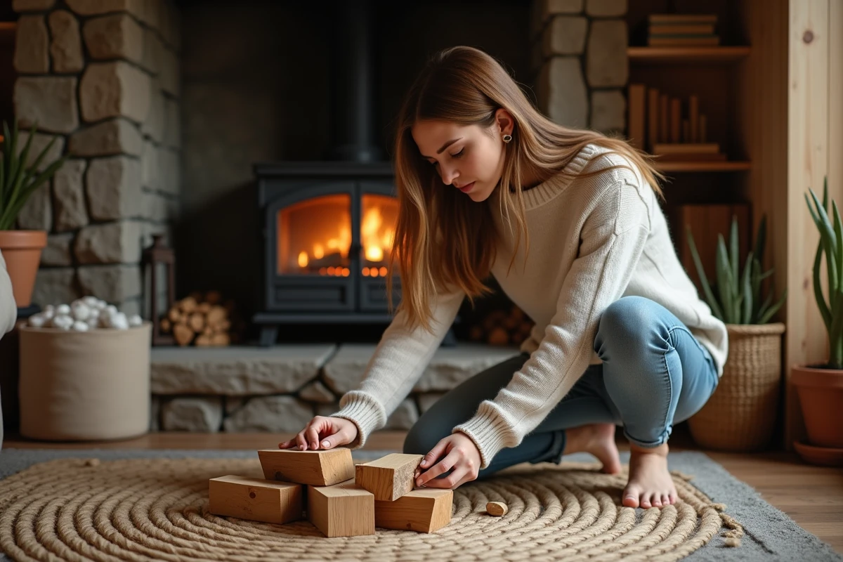 Femme inspecte du bois près de la cheminée dans un intérieur chaleureux