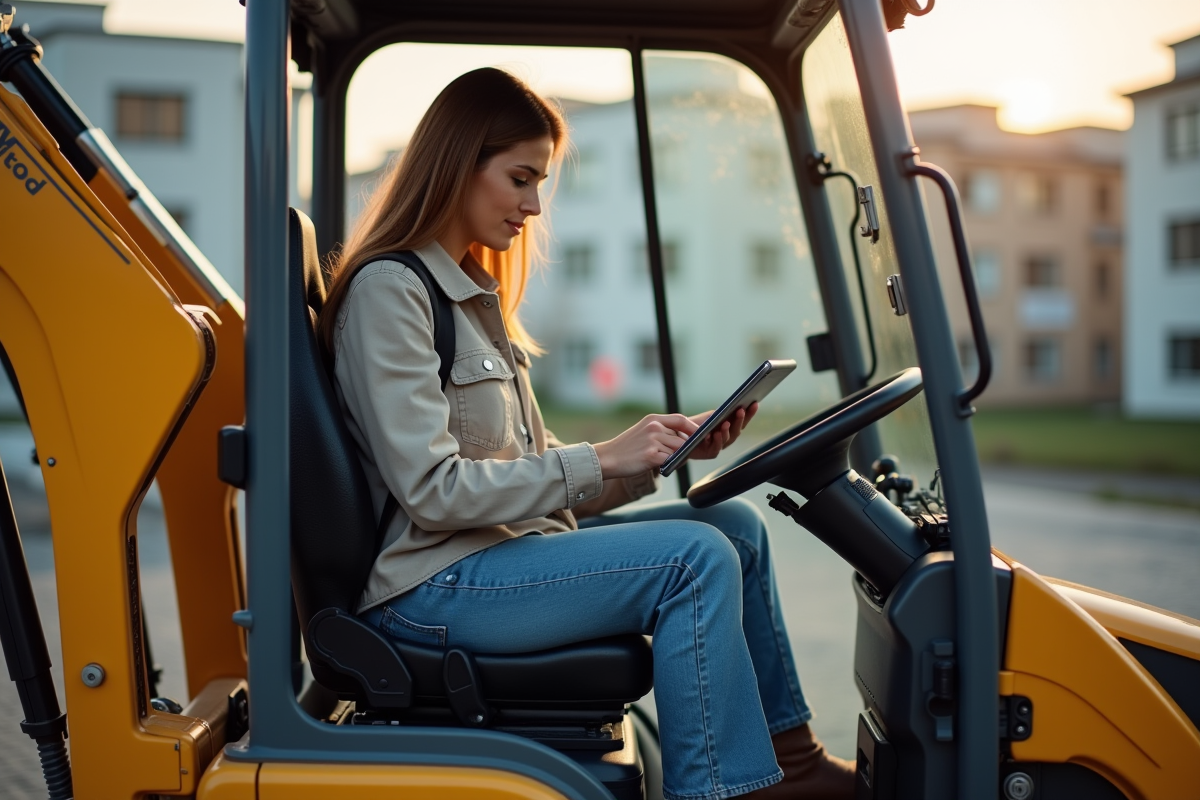 Femme assise dans une mini-digueuse suivant des instructions sur une tablette