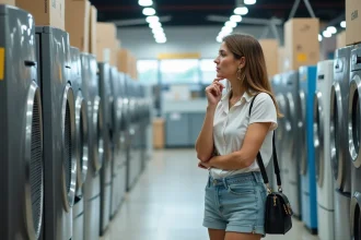 Femme comparant ventilateurs dans un magasin