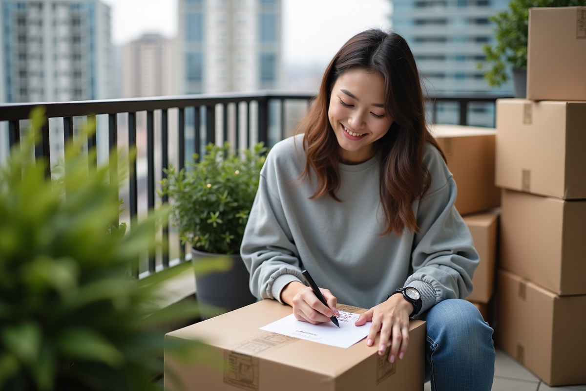 Jeune femme écrivant sur une boîte avec un marqueur