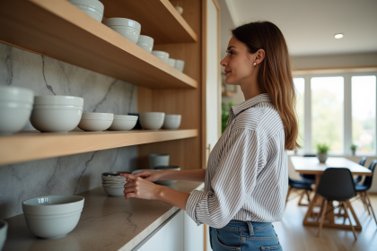 Femme arrangeant des bols en céramique dans une cuisine moderne