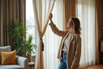 Femme ajustant des rideaux élégants dans un salon moderne