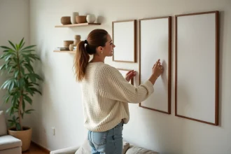 Femme arrangeant des cadres d'art dans un salon moderne