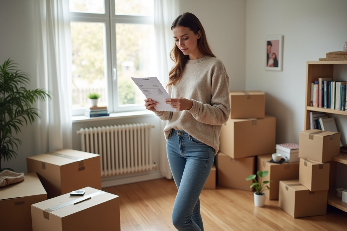 Jeune femme vérifiant une facture près de cartons dans un salon