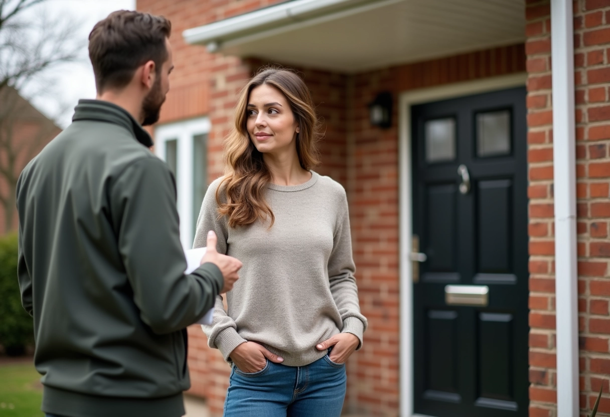 Jeune femme discute avec un professionnel devant une maison