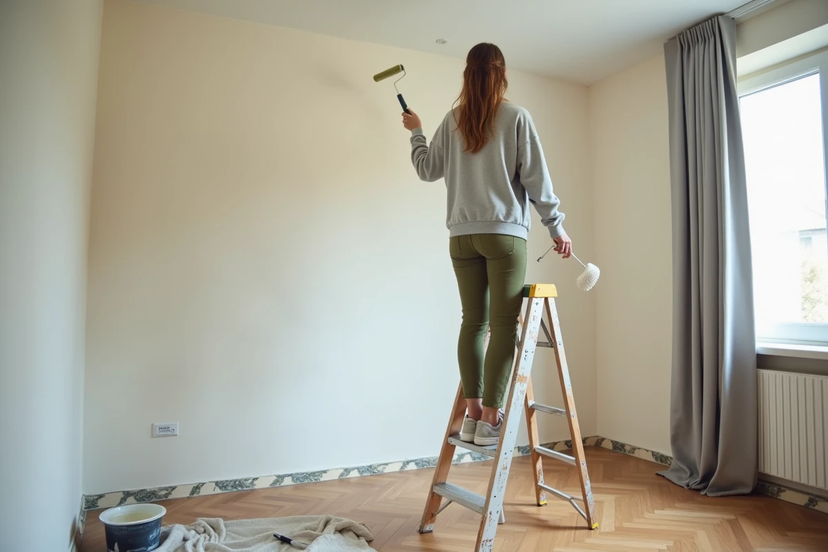 Femme réalisant elle-même la peinture de son salon lors de travaux de rénovation DIY