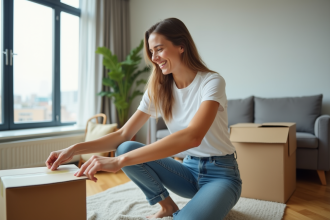 Jeune femme emballant une boxe dans un appartement moderne