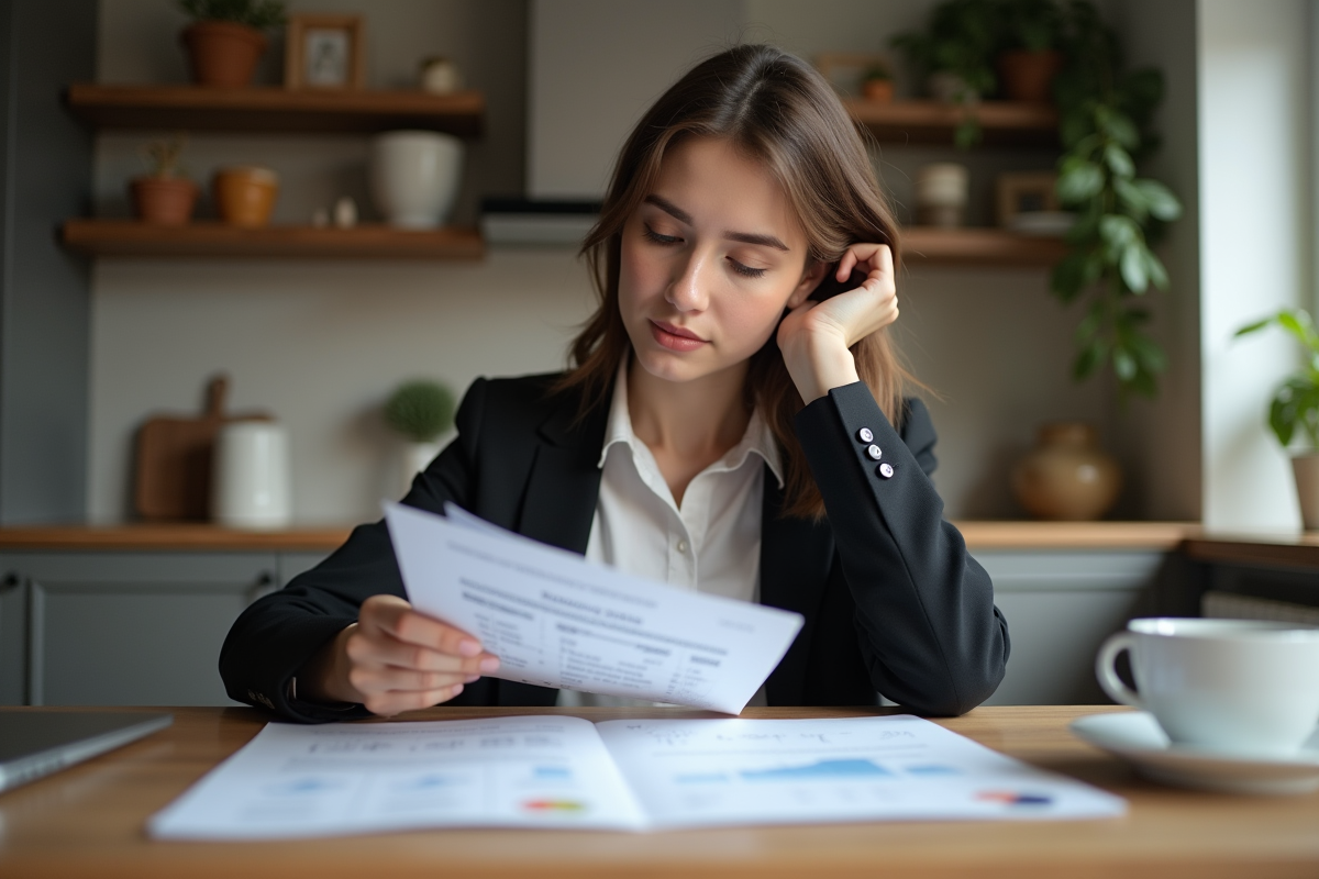 Jeune femme analysant des devis de rénovation dans une cuisine moderne