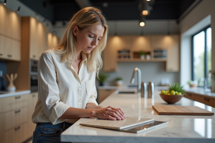 Femme comparant des échantillons de surface de cuisine