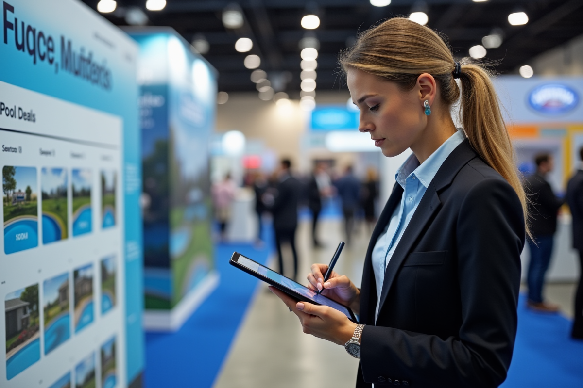 Femme d affaires observant un graphique sur un stand d exposition piscine