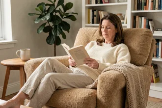 Femme lisant un livre dans un fauteuil confort en bouclé crème aménagé dans un coin cosy du salon