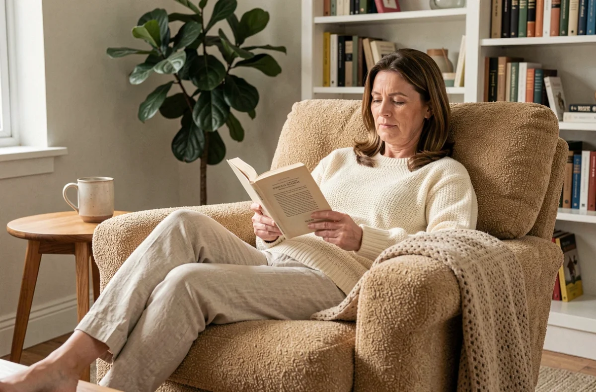 Femme lisant un livre dans un fauteuil confort en bouclé crème aménagé dans un coin cosy du salon