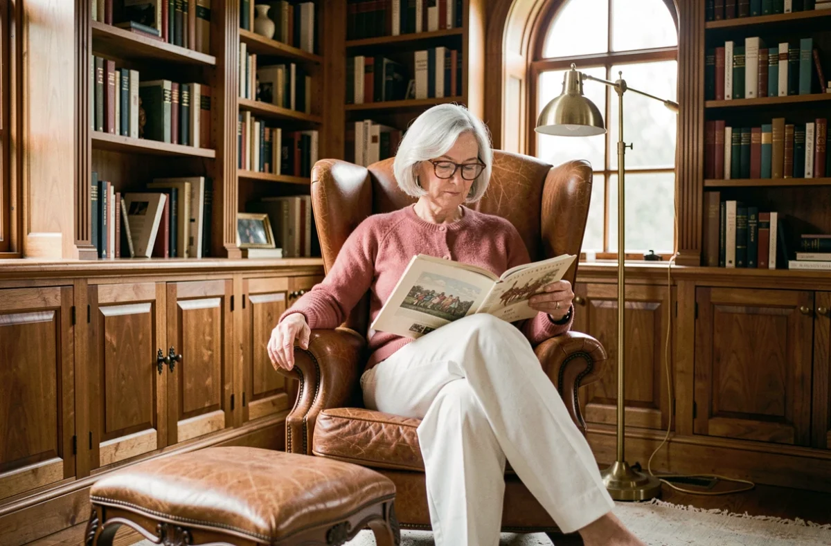 Femme élégante lisant dans un fauteuil en cuir cognac installé dans un coin bibliothèque avec étagères en bois
