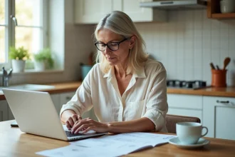 Femme utilisant un ordinateur portable pour gérer ses prestations à domicile et simuler un crédit d'impôt avec Wecassa