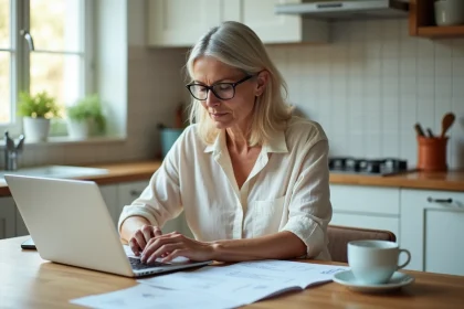 Femme utilisant un ordinateur portable pour gérer ses prestations à domicile et simuler un crédit d'impôt avec Wecassa