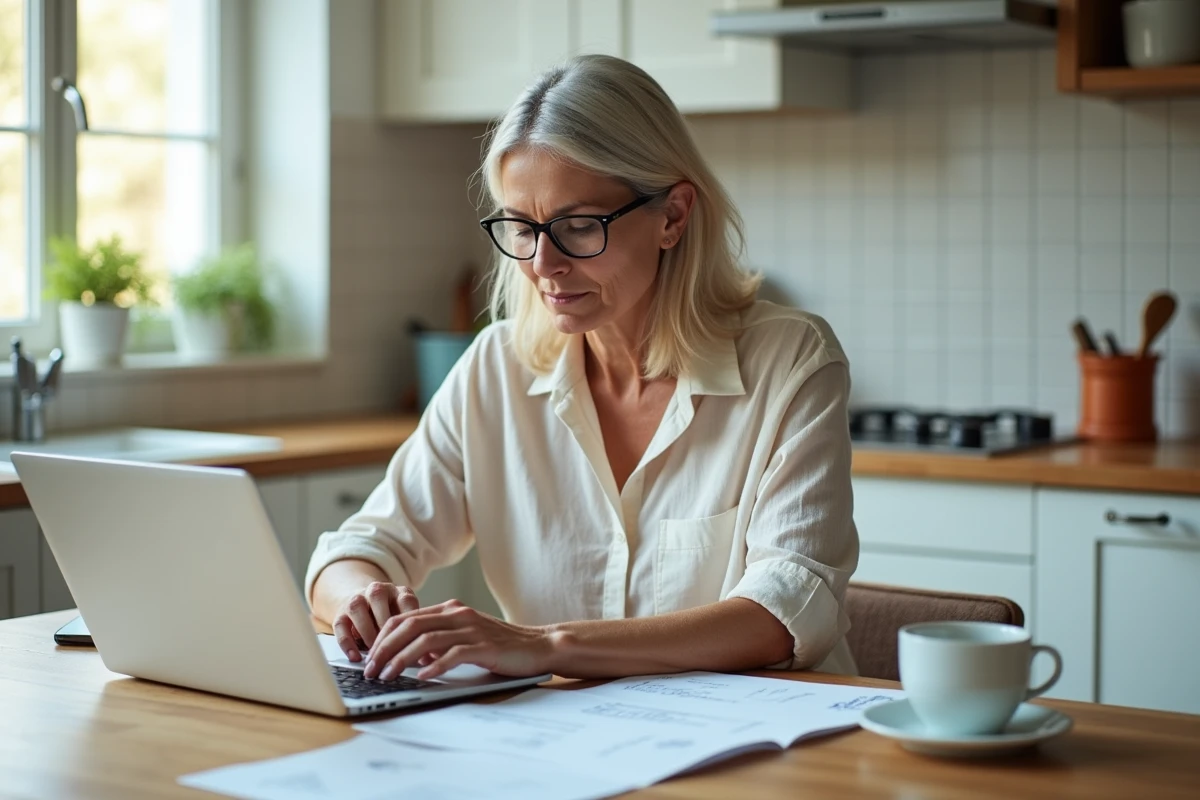Femme utilisant un ordinateur portable pour gérer ses prestations à domicile et simuler un crédit d'impôt avec Wecassa