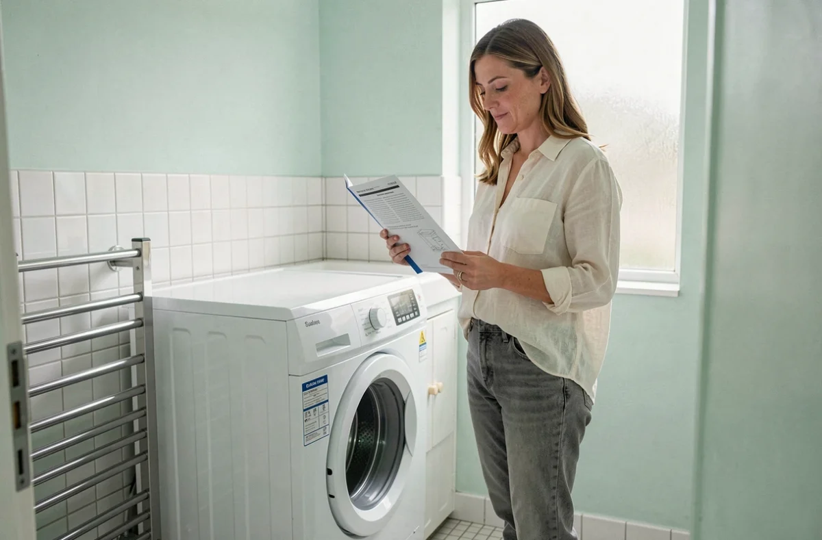 Femme consultant un guide technique sur la hauteur d'une machine à laver top dans une salle de bain d'appartement