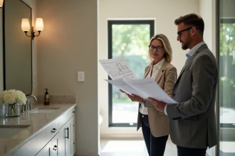 Femme examinant plans dans salle de bain moderne