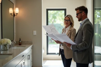Femme examinant plans dans salle de bain moderne
