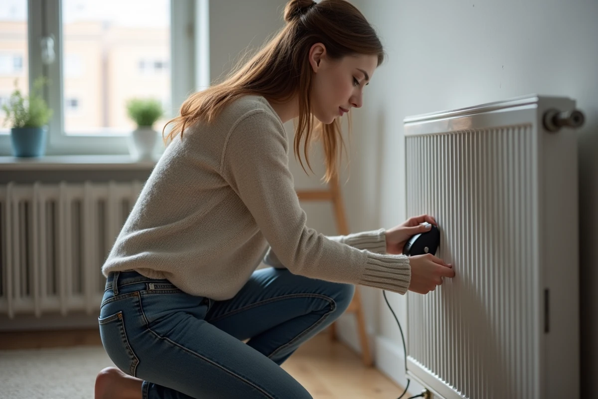 Jeune femme vérifiant un radiateur connecté dans un appartement