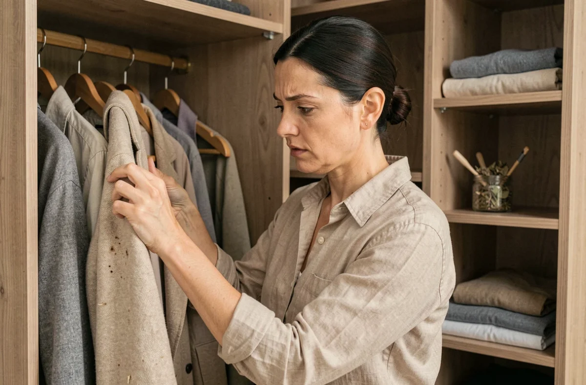Femme inspectant un manteau en laine pour détecter des dégâts causés par des mites dans une armoire avec des répulsifs naturels