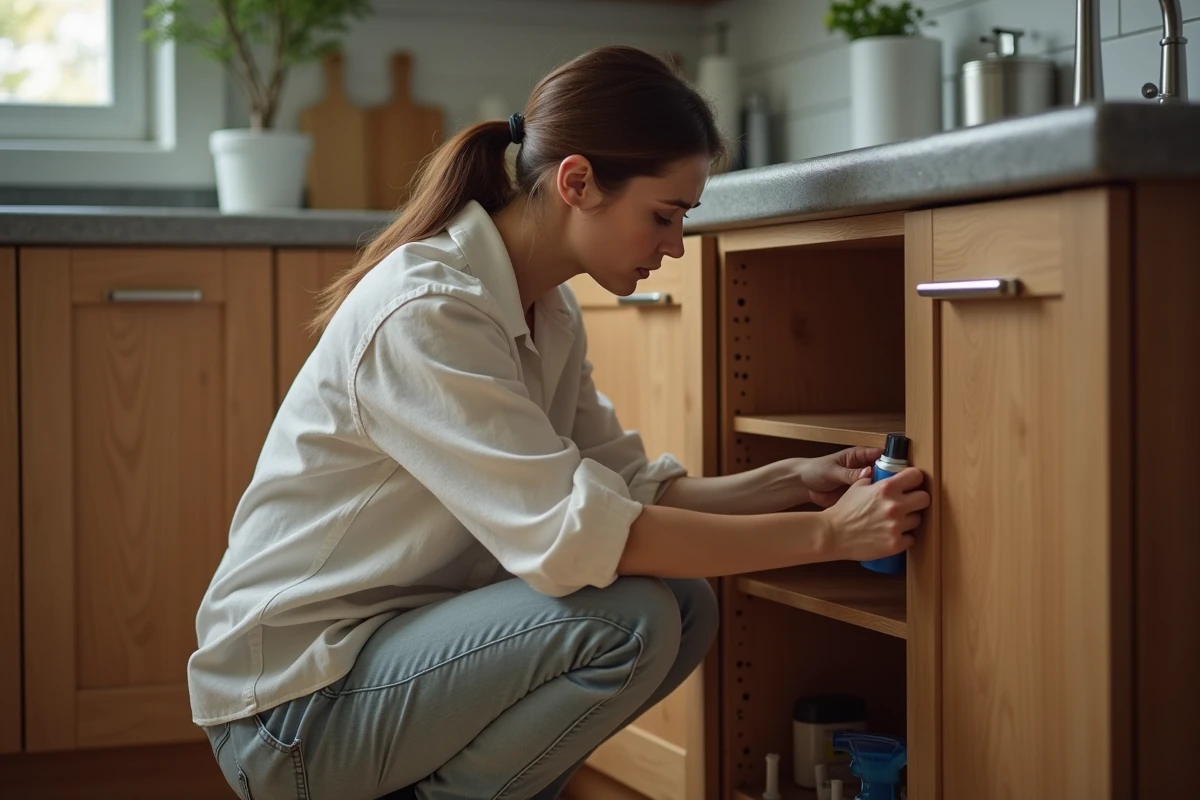 Femme inspectant l'intérieur d'un meuble de cuisine propre à la recherche d'un nid de mouches ou d'une infestation
