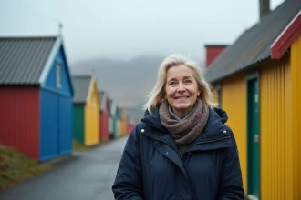 Femme islandaise en parka dans une rue colorée de Reykjavik
