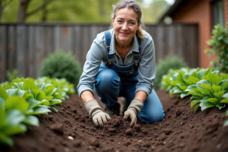 Femme en salopette de denim étalant du compost dans le jardin