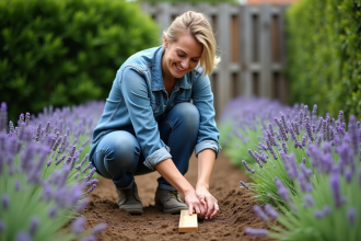 Femme mesurant la lavande dans un jardin paisible