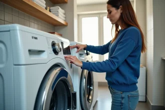 Femme examinant le panneau de contrôle d'un lave-linge moderne