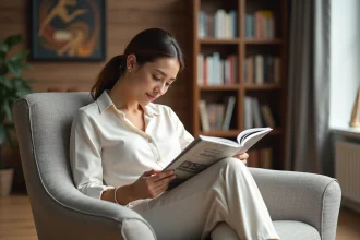 Femme élégante lisant dans un salon moderne et lumineux