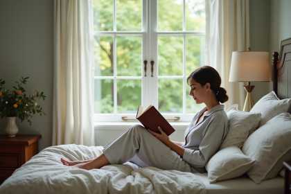 Femme d'âge moyen lisant paisiblement un livre dans une chambre lumineuse