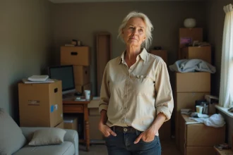Femme évaluant le contenu encombré d'une maison à vider avant de choisir entre une association de débarras et une entreprise classique
