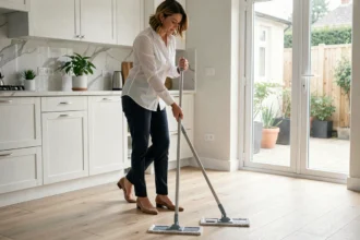 Femme de ménage auto-entrepreneur en train de nettoyer un sol de cuisine moderne avec une serpillière professionnelle