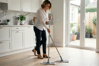 Femme de ménage auto-entrepreneur en train de nettoyer un sol de cuisine moderne avec une serpillière professionnelle